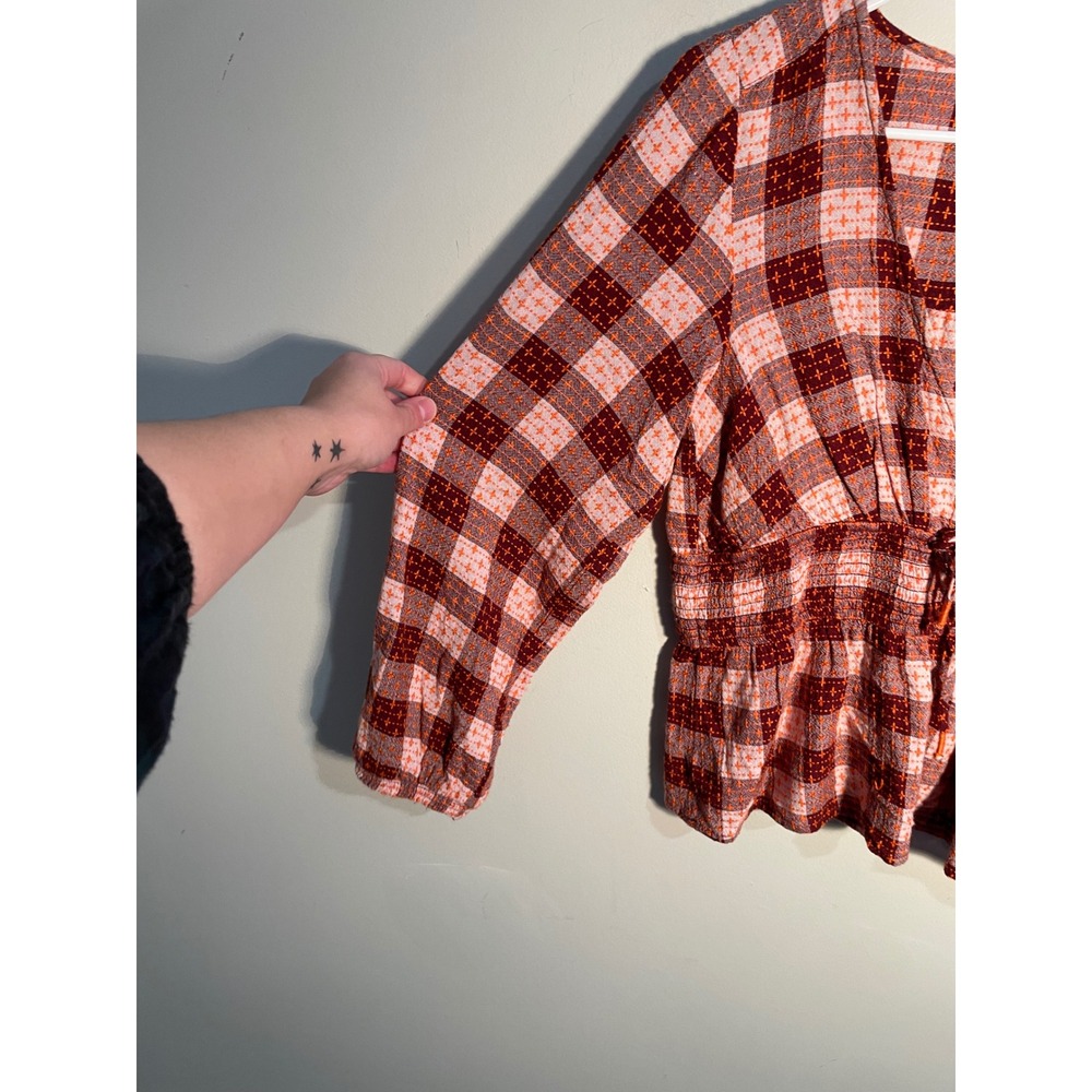 Anthropologie Red & Pink Plaid Peplum Blouse - Picture 4 of 10